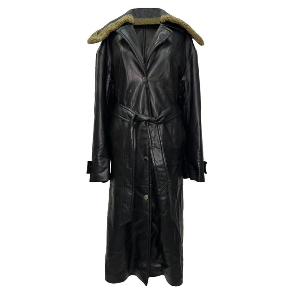Nanushka Button-Down Belted Coat in Black Faux Leather